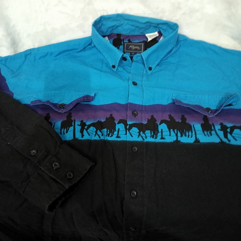Vtg Roper Mens XL Western Cowboy Horse Silhouette Button Down Shirt Blue Black